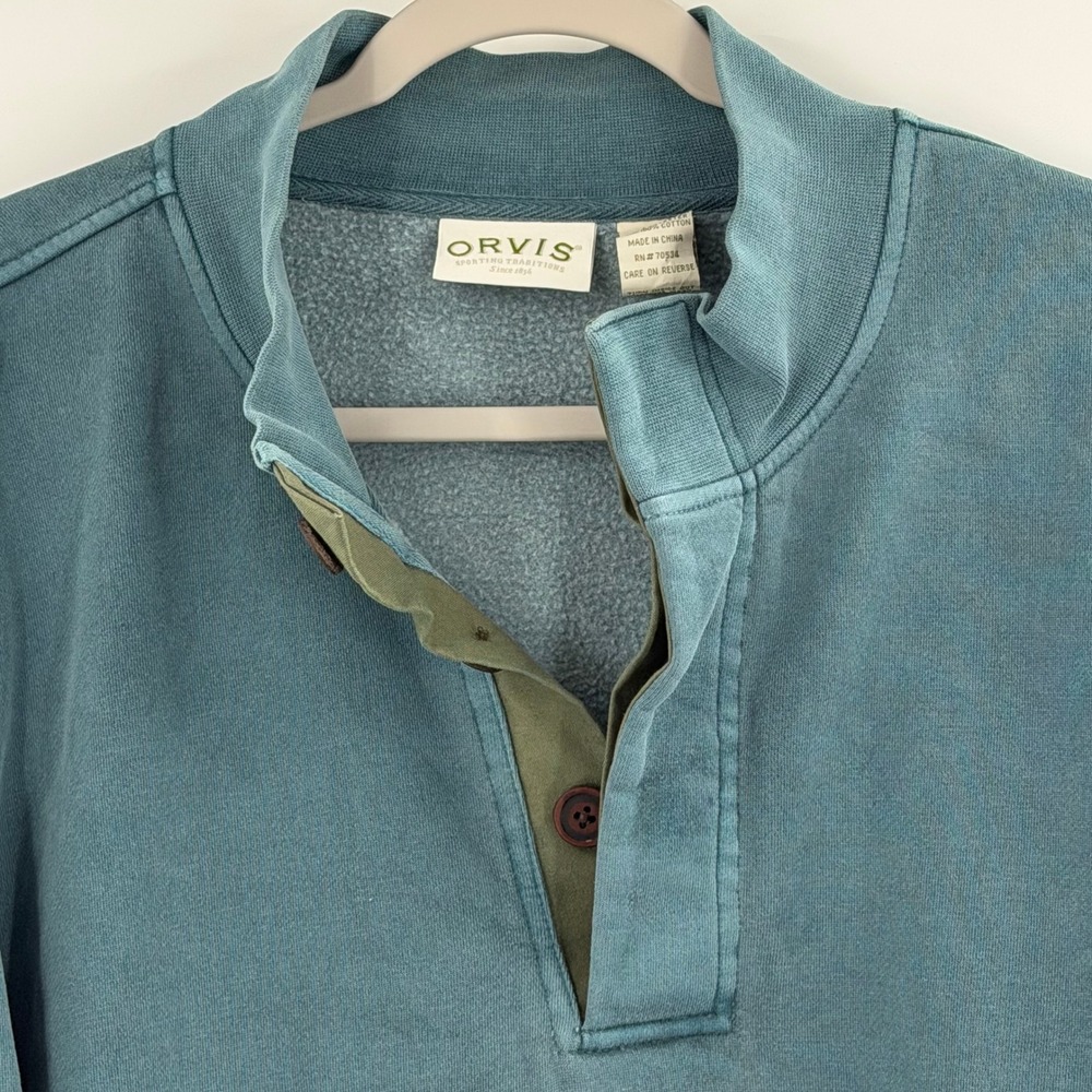 Orvis Gorpcore Grandad Pullover Sweatshirt Mens XXL Blue Quilted Elbow Patch - Picture 4 of 14